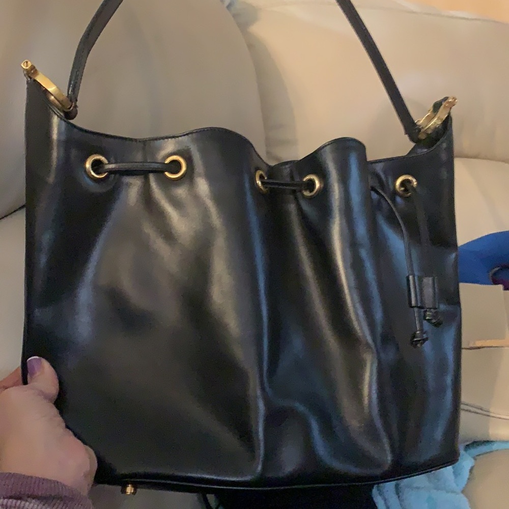 Vintage Ferragamo black drawstring leather bucket bag